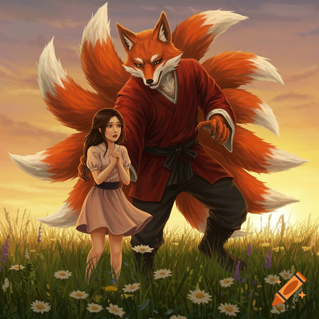 A young girl looking scared stands in a field of flowers as a large, multi-tailed Kitsune man points at her during sunset.