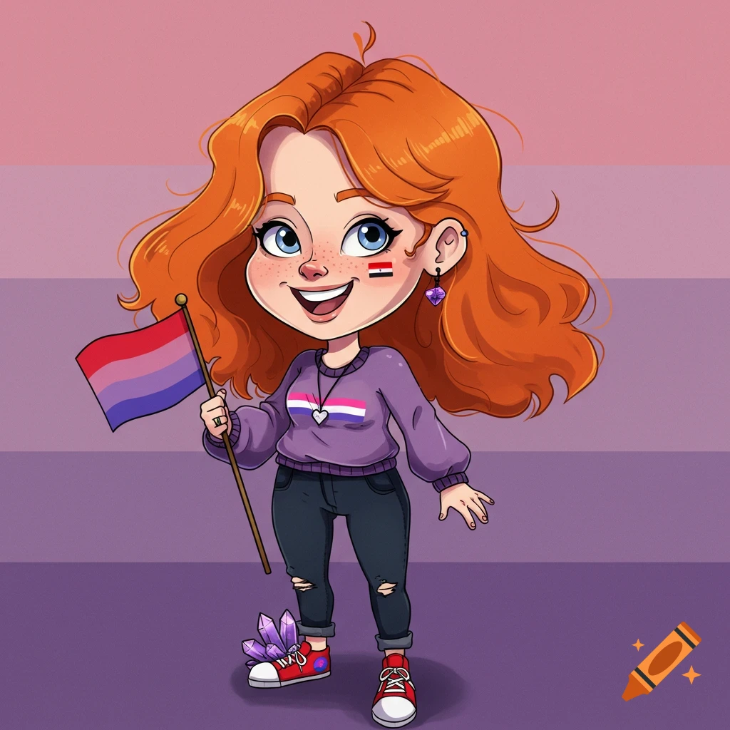 Cartoon of a happy red-headed bisexual girl named Sadie with tarot cards and crystals