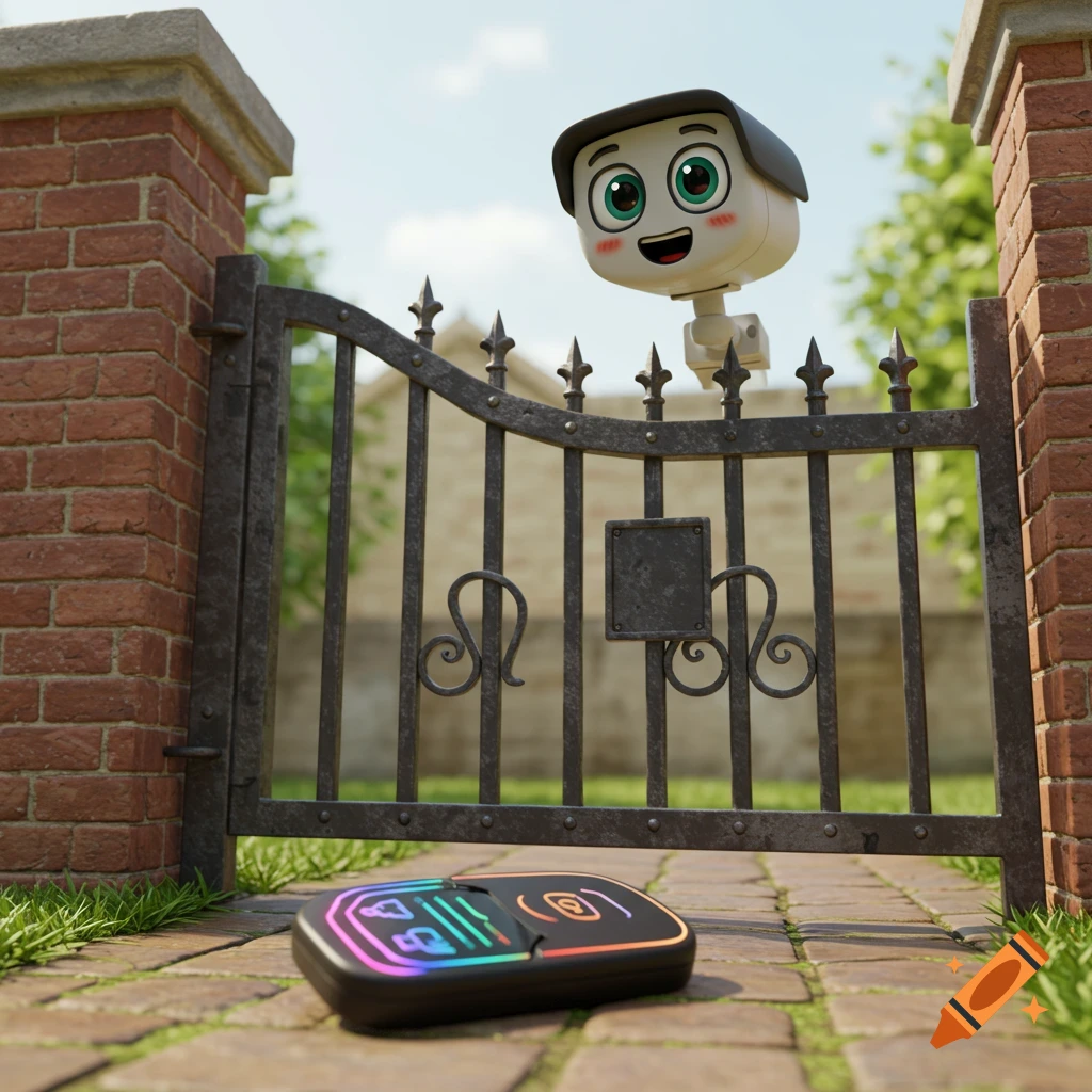 A cartoon security camera with rosy cheeks peeks over an iron gate as an access fob lies on the brick path.