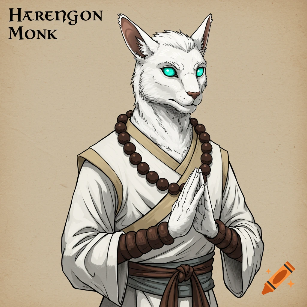 Illustration of a white Harengon (rabbit-like) monk with turquoise eyes, clasping hands and wearing prayer beads.