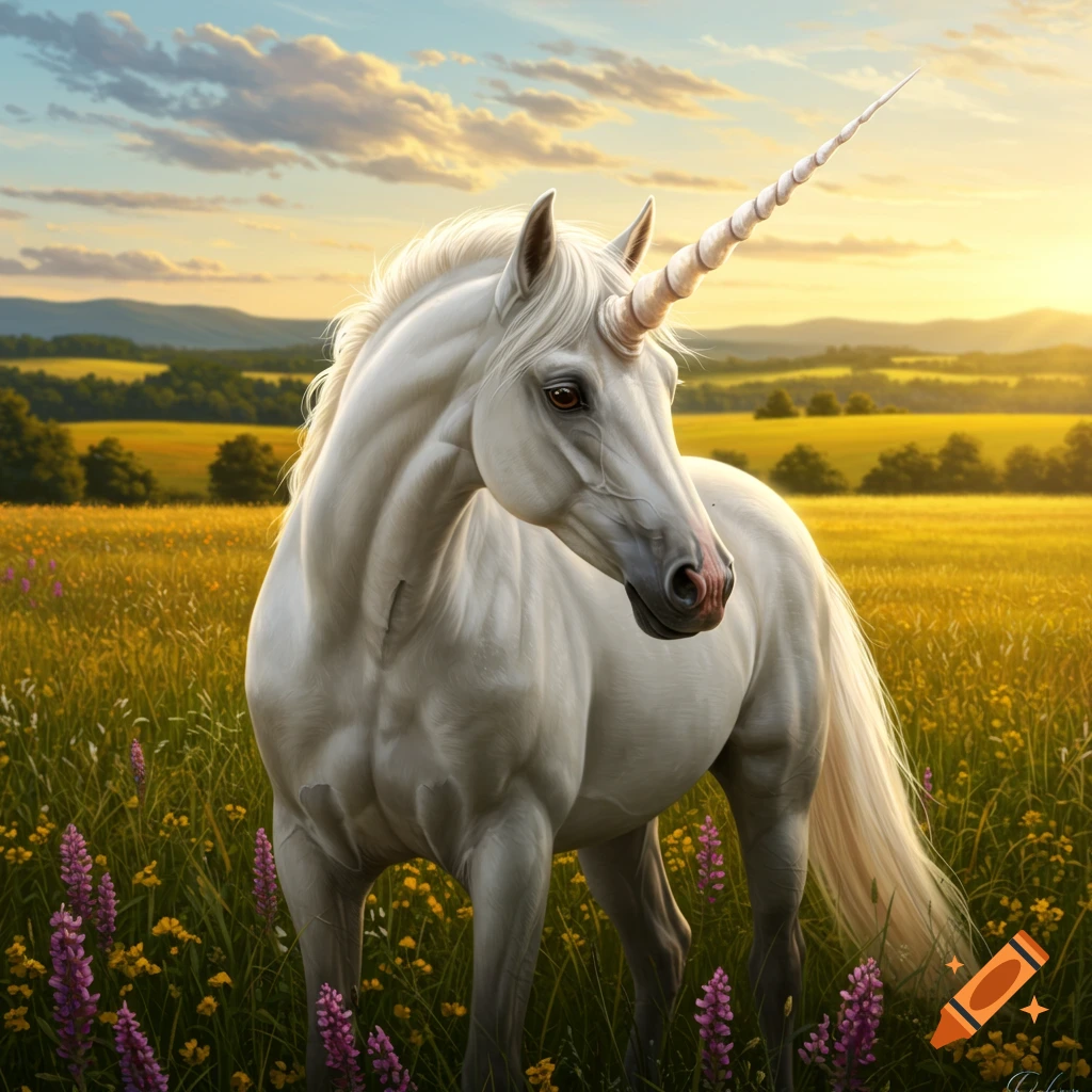 A photorealistic image of a white unicorn standing in a field of wildflowers during sunset.