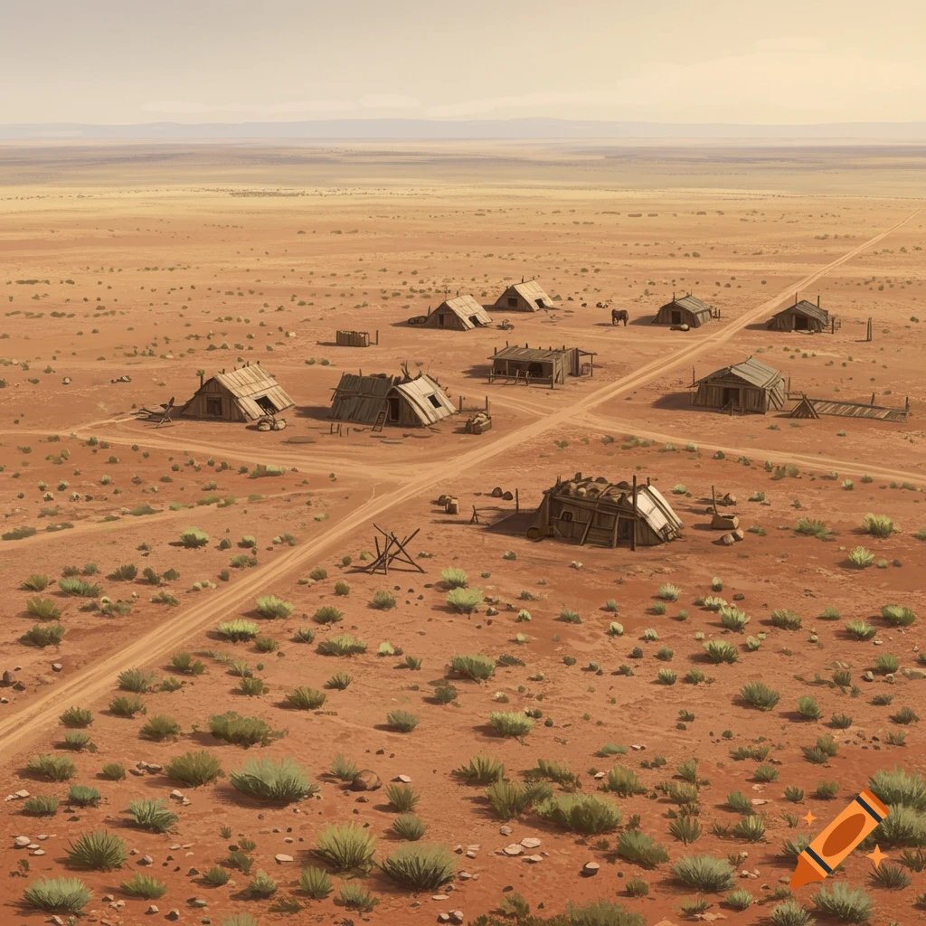 A sparse settlement of wooden huts and structures in a vast, dry desert landscape under a pale sky.