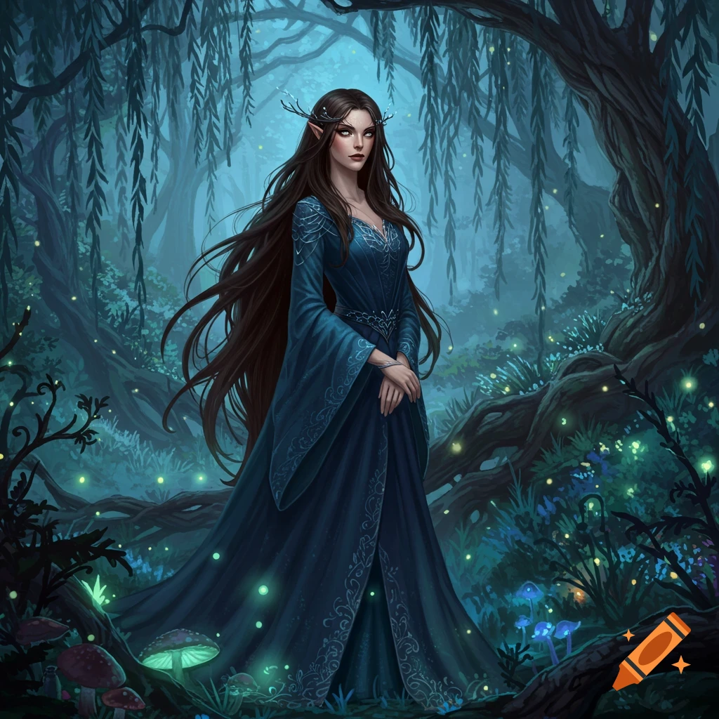 A mysterious fantasy woman with long dark hair and pointed ears stands in a dark, glowing forest.