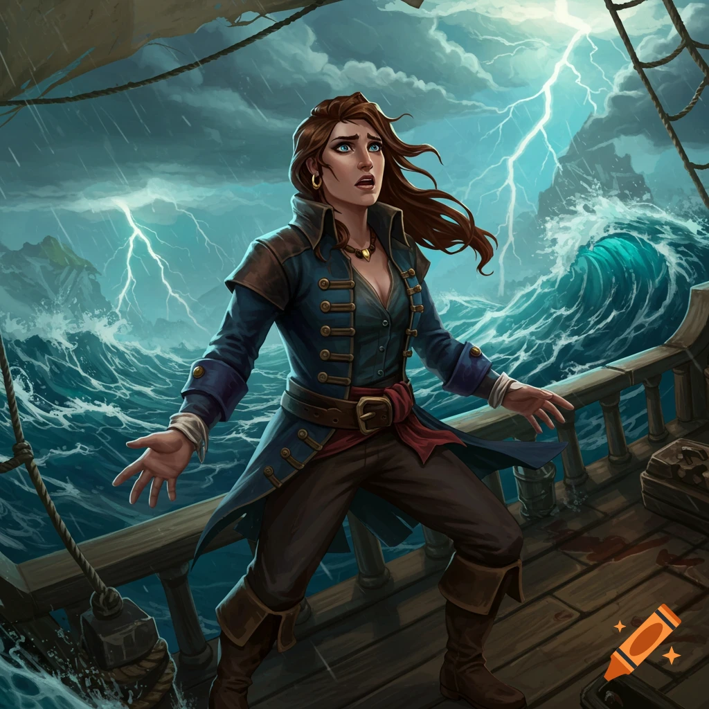 Air genasi female pirate captain with blue skin and white hair ...