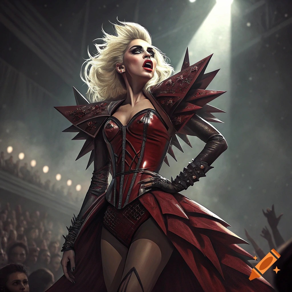 A performer in an elaborate red and black spiked outfit on stage under a spotlight.