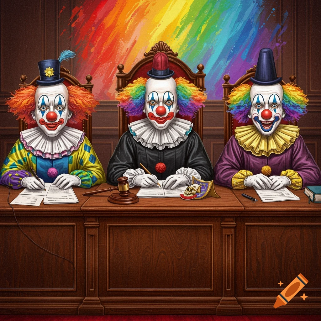 Three clowns sit at a courtroom bench, writing on papers, with a rainbow mural behind them.