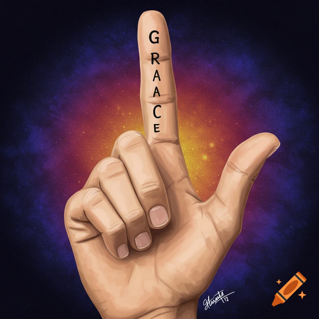 Close-up of a hand with 'GRACE' written vertically on the index finger, against a colorful cosmic background.