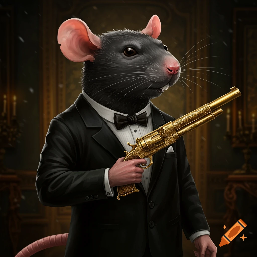 An anthropomorphic rat in a black suit holds a golden gun in a fancy room.