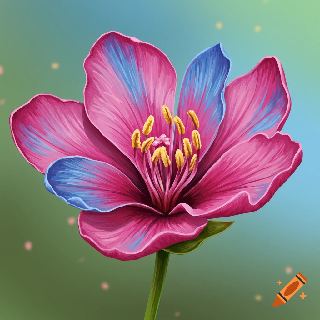 Close-up illustration of a pink and blue flower.