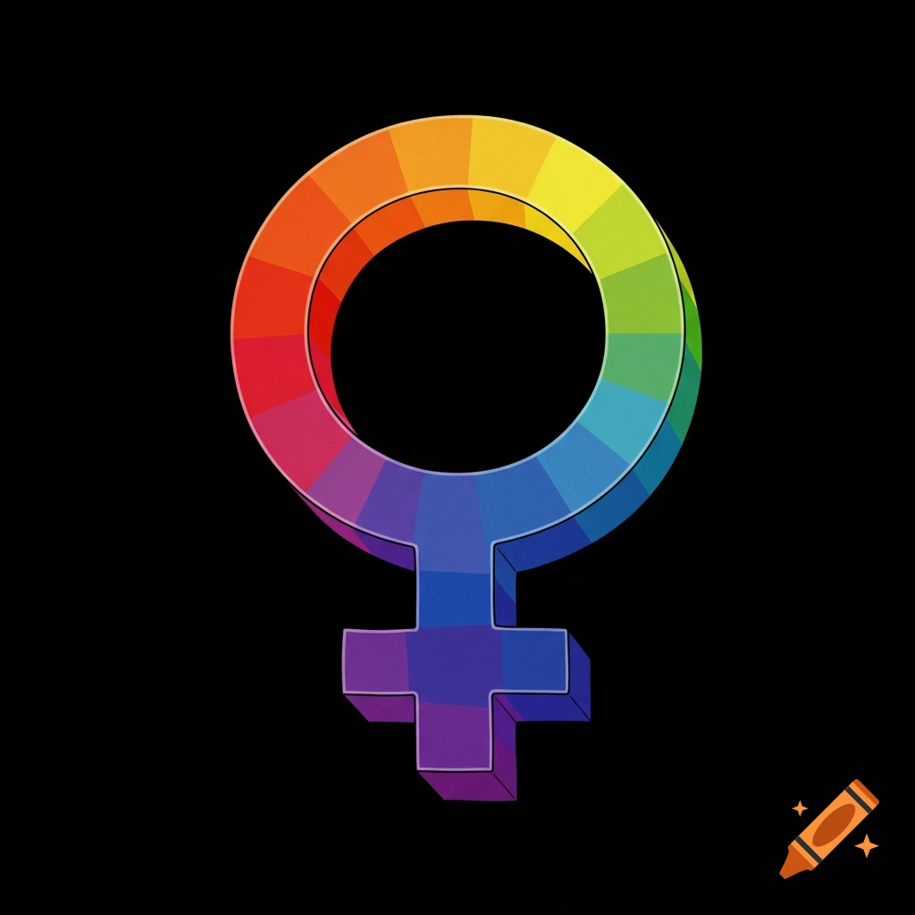 A 3D female symbol rendered in a rainbow gradient on a black background.