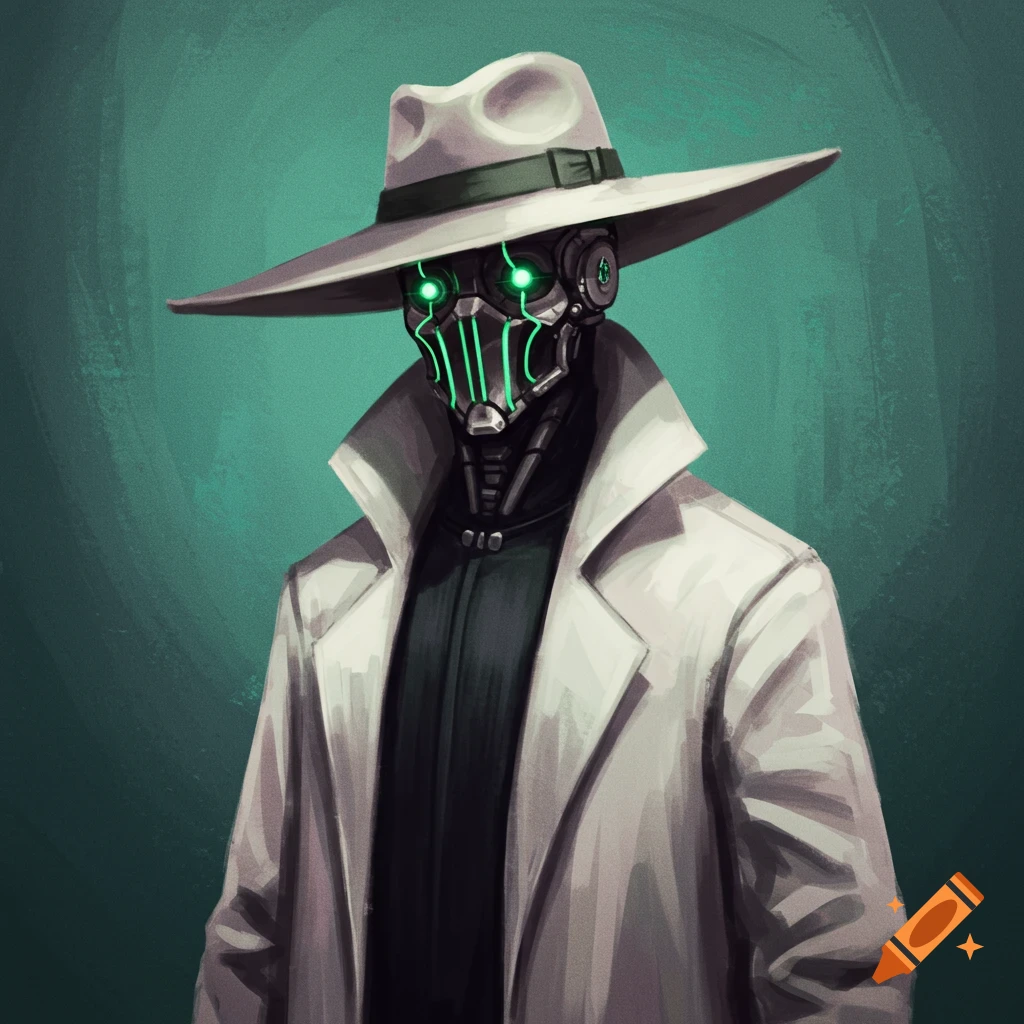 Digital illustration of a robot character in a fedora and trench coat with glowing green eyes.