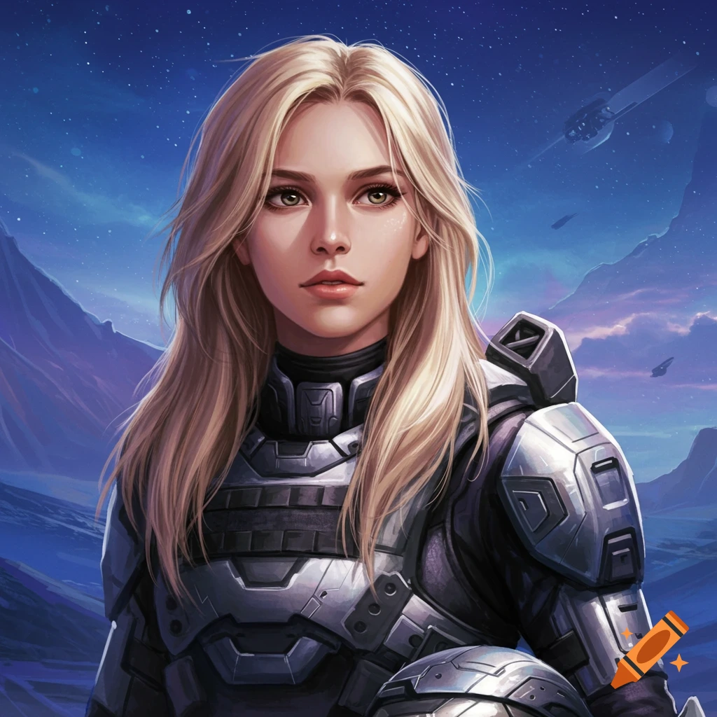 Realistic illustration of a female soldier in armor against a starry sci-fi landscape.
