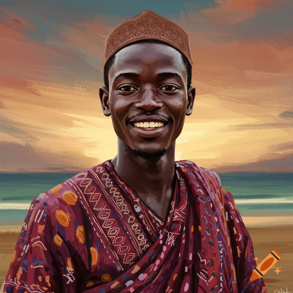 A young man in traditional clothing and cap smiles against a painterly background.