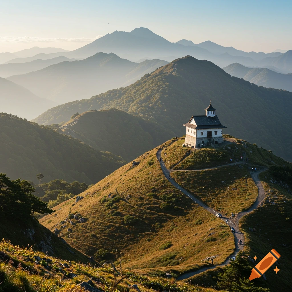 A small building on a mountain ridge with winding paths and hikers, overlooking hazy mountains.