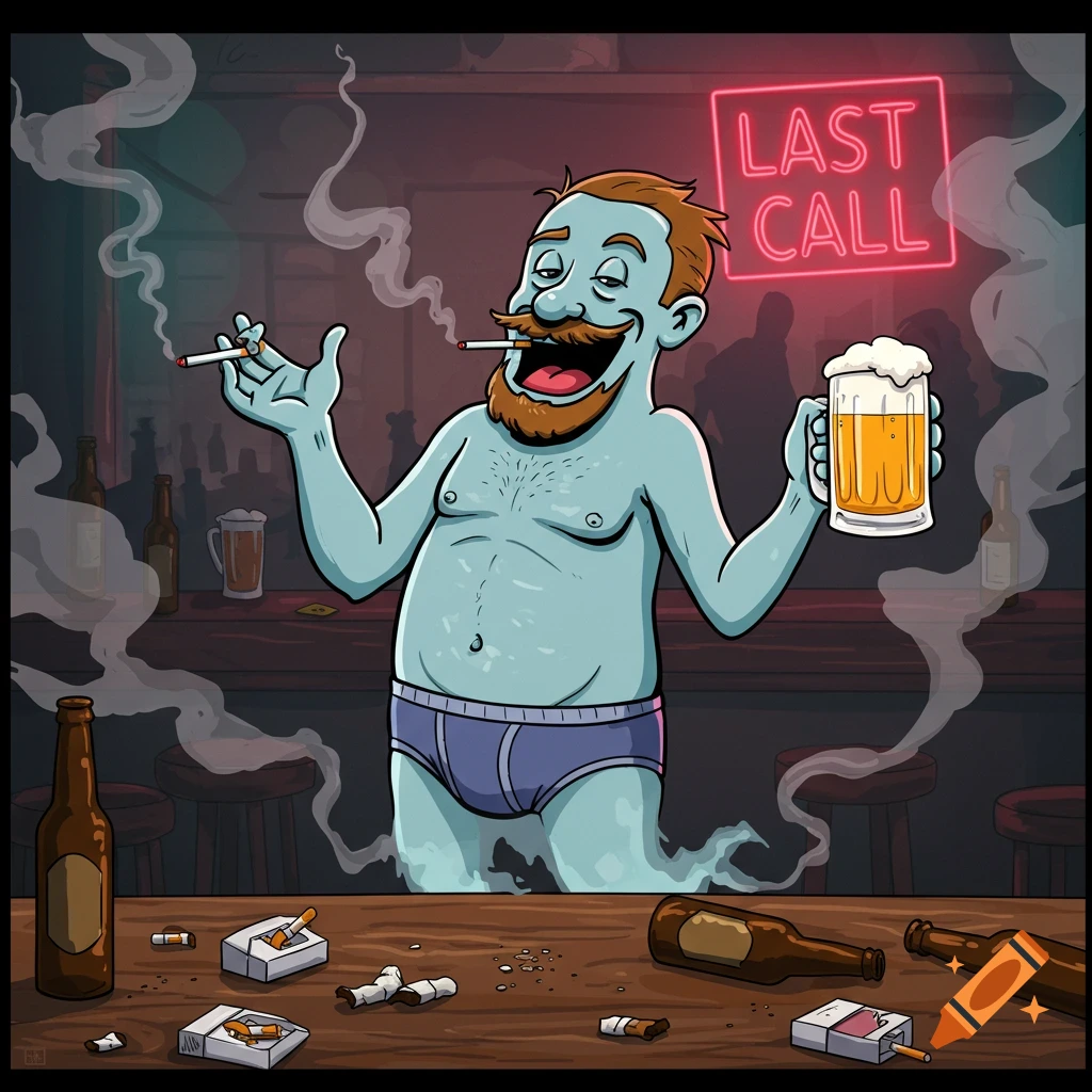 Cartoon ghost man in underwear smoking and drinking beer at a bar with a Last Call sign.