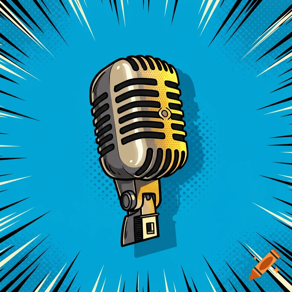 A vintage microphone depicted in a comic book style against a blue background
