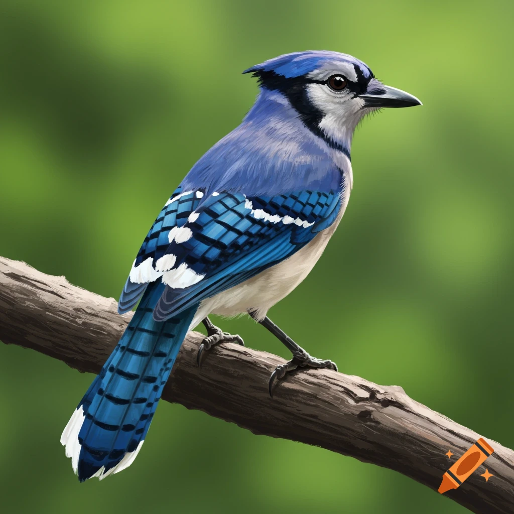 Realistic illustration of a blue jay perched on a branch