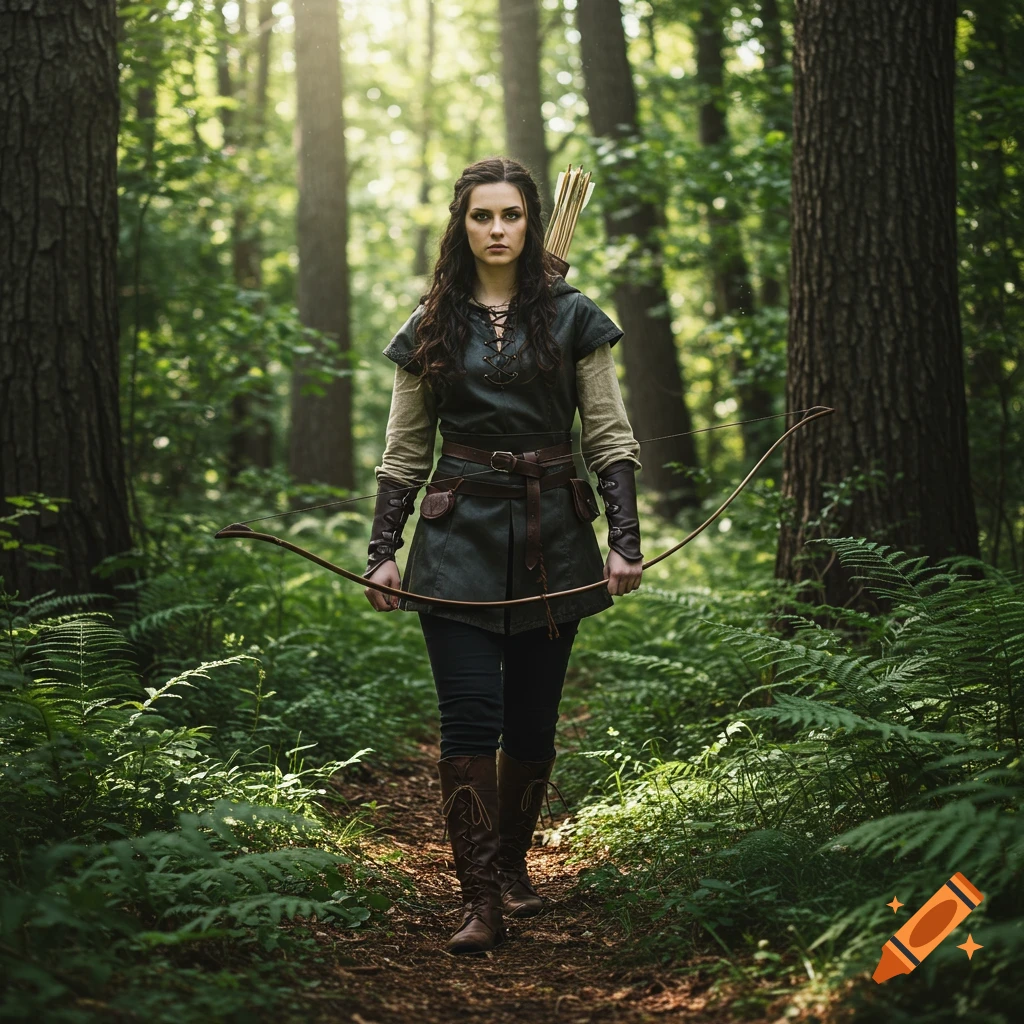 A female fantasy ranger stands on a forest path holding a bow.
