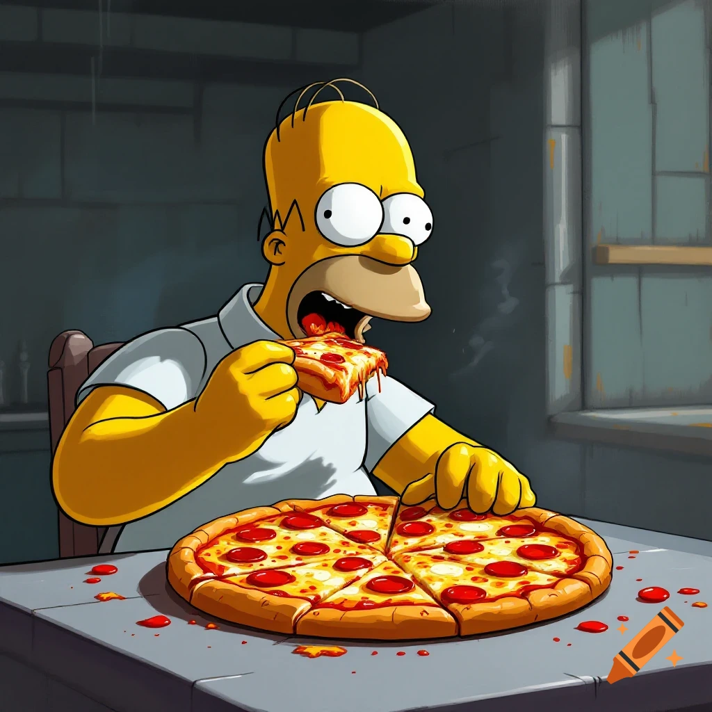 Homer Simpson cartoon character eating a large pepperoni pizza