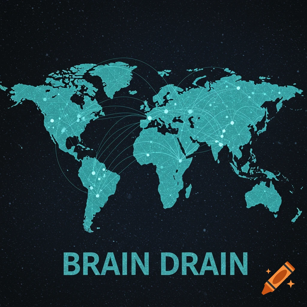 A world map with glowing points and interconnected lines representing global connections, with the text 'BRAIN DRAIN' below.