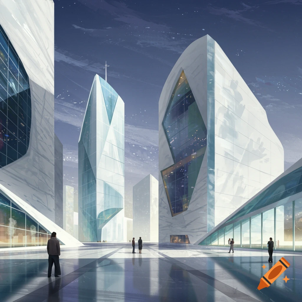 A modern, futuristic city square with large geometric buildings of white and glass, and small figures walking.