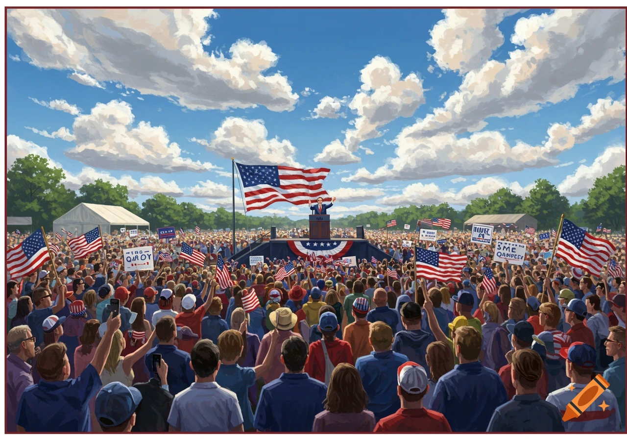 Large crowd at an outdoor political rally with American flags and a speaker on a stage.