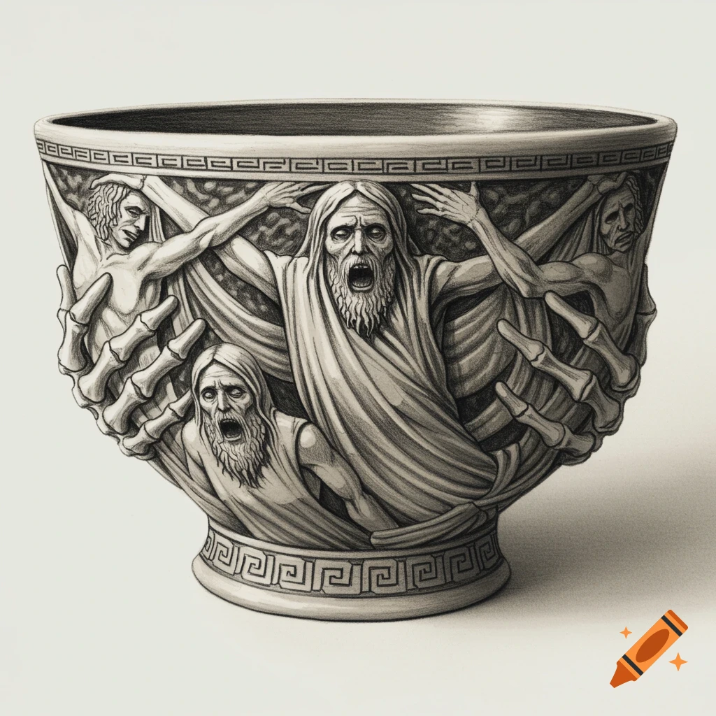 Pencil drawing of a ceramic bowl relief depicting figures of spirits being grabbed by skeletal hands.