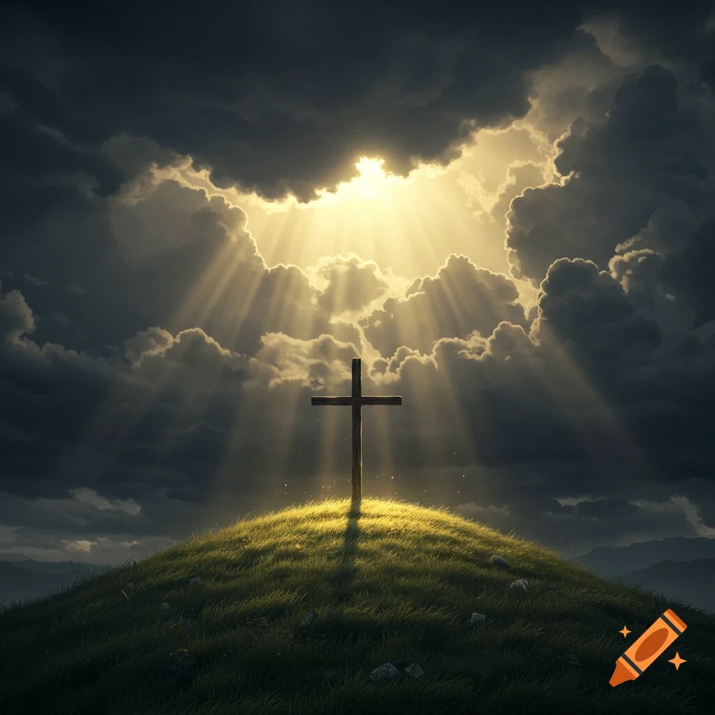 Dramatic image of a cross on a grassy hill under stormy clouds with rays of light breaking through.