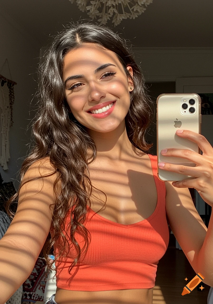 A woman smiles while taking a sunlit selfie in a crop top.