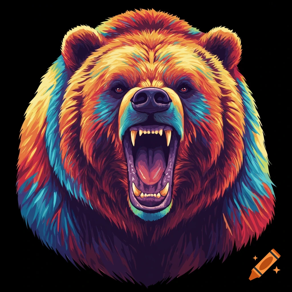 Colorful vector art close-up of a grizzly bear growling with its mouth open.