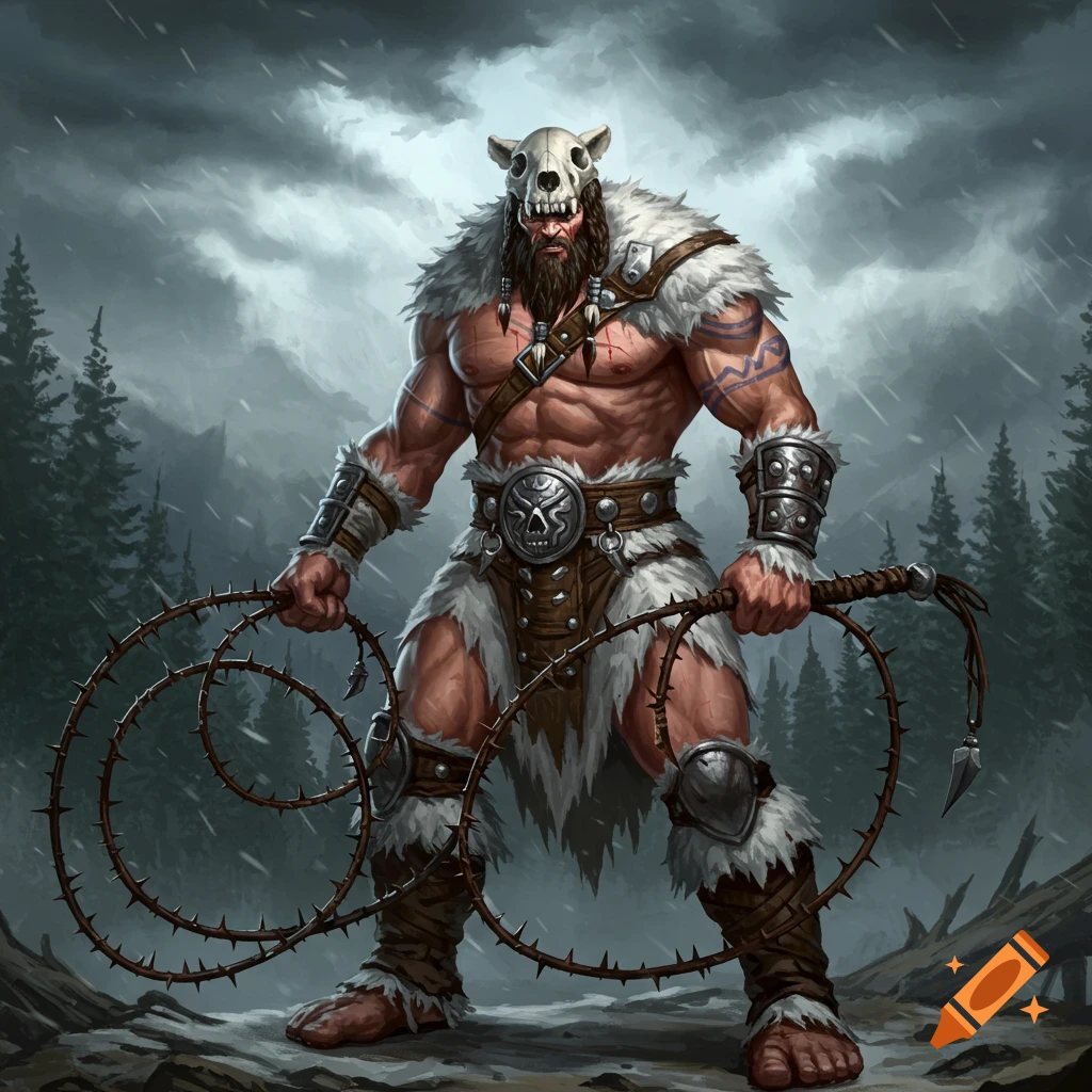 A muscular fantasy barbarian wearing white furs and a skull mask holds whips made of thorns in a snowy forest.