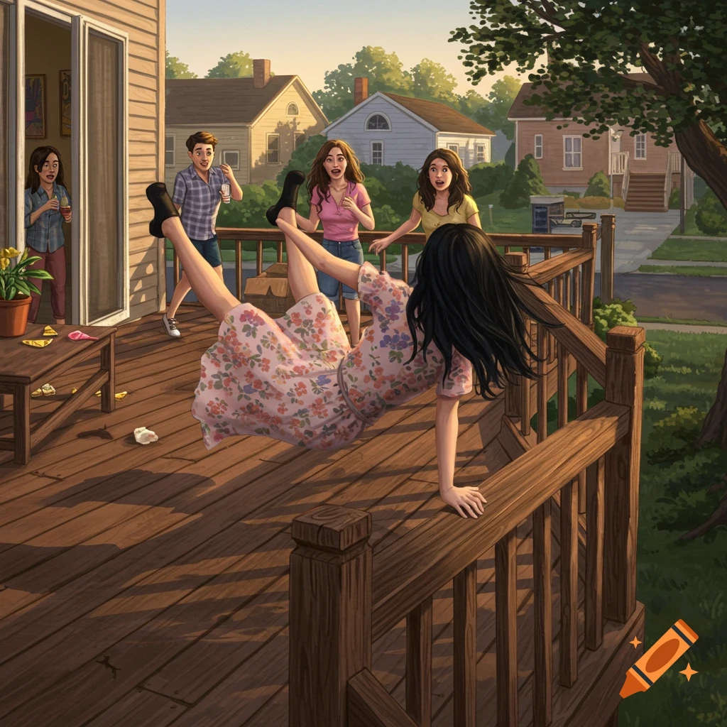 Woman falling off deck at party