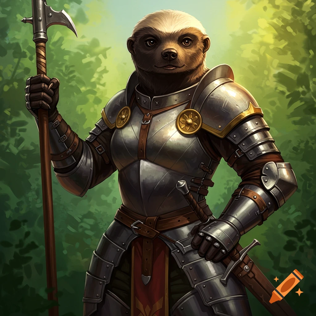 Anthropomorphic honey badger in full plate armor holding a polearm, in a forest setting. Fantasy illustration.