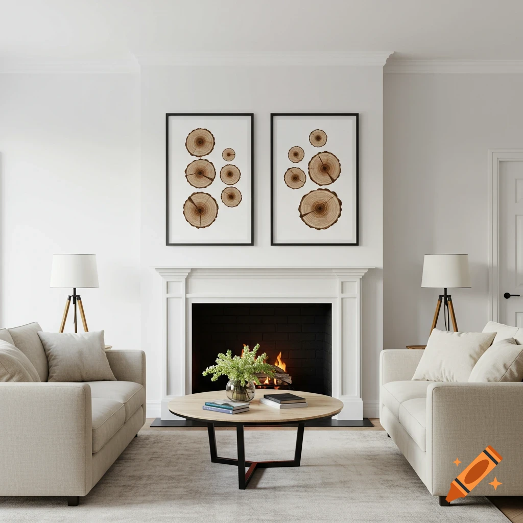 Living room with sofas, fireplace, coffee table, and framed log slice art.