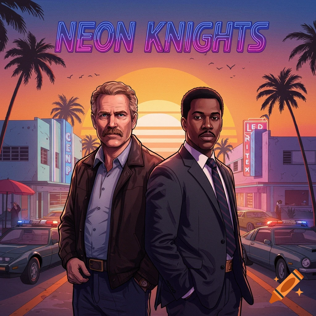 80s buddy cop movie poster, Neon Knights, Florida setting