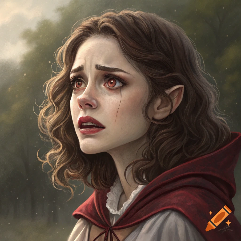 Portrait of a young woman with elf ears and red eyes, crying, wearing a red hood against a forest background.