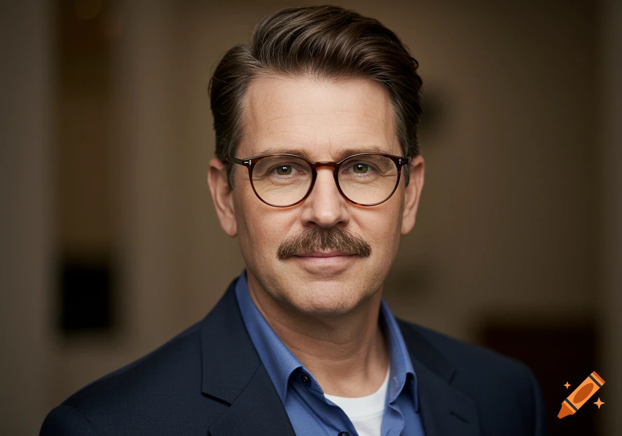 Photorealistic portrait of a man with a mustache and glasses wearing a suit jacket.
