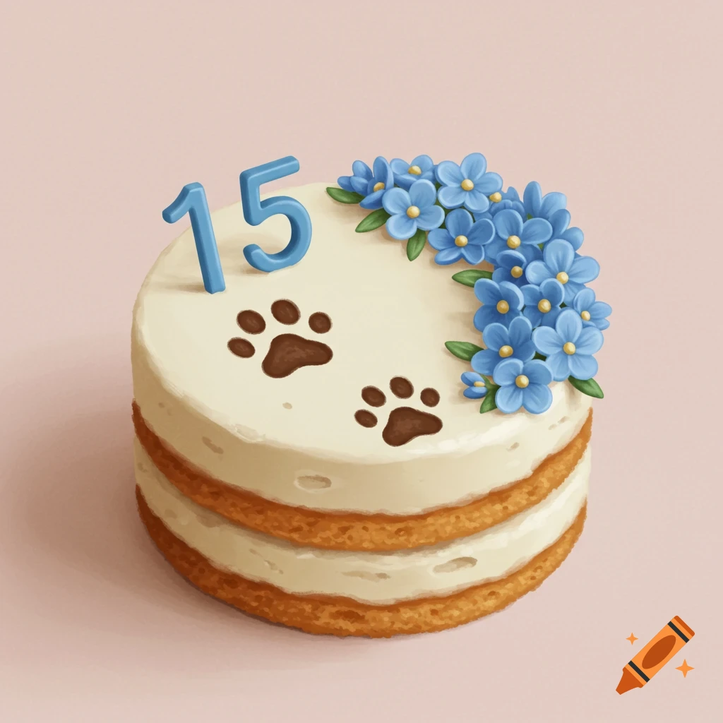 Circle cake with blue flowers, number 15, and paw prints decoration mock-up design idea for party cake decorations DIY bake off ideas inspiration trends birthday cake decoration ideas bakeries baking food cakes fondant frosting buttercream icing fillings toppings cakes occasion seasonal flavors techniques recipes decorating tips presentation serving storage cake decorating for beginners intermediate advanced cake art edible art cake design