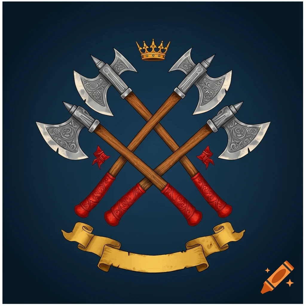 A family crest with four crossed axes, a crown, and a blank banner on a dark blue background.