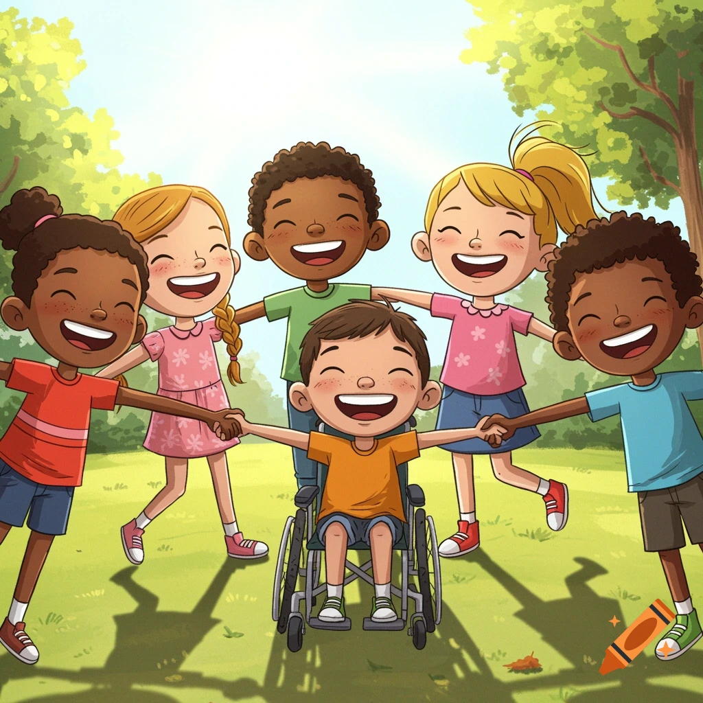 Illustration of diverse children, one in a wheelchair, holding hands and smiling in a park.