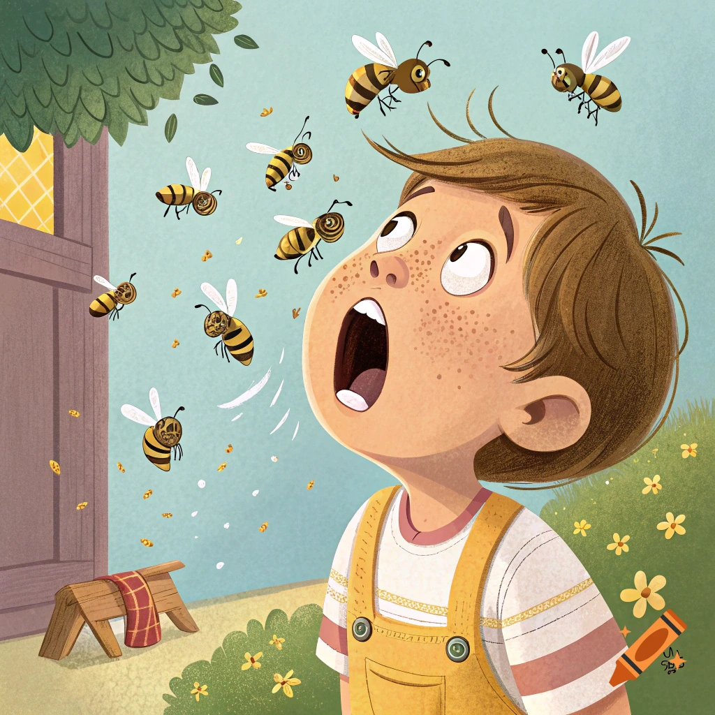 Cartoon illustration of a child looking up with mouth open as bees fly around them in a garden.