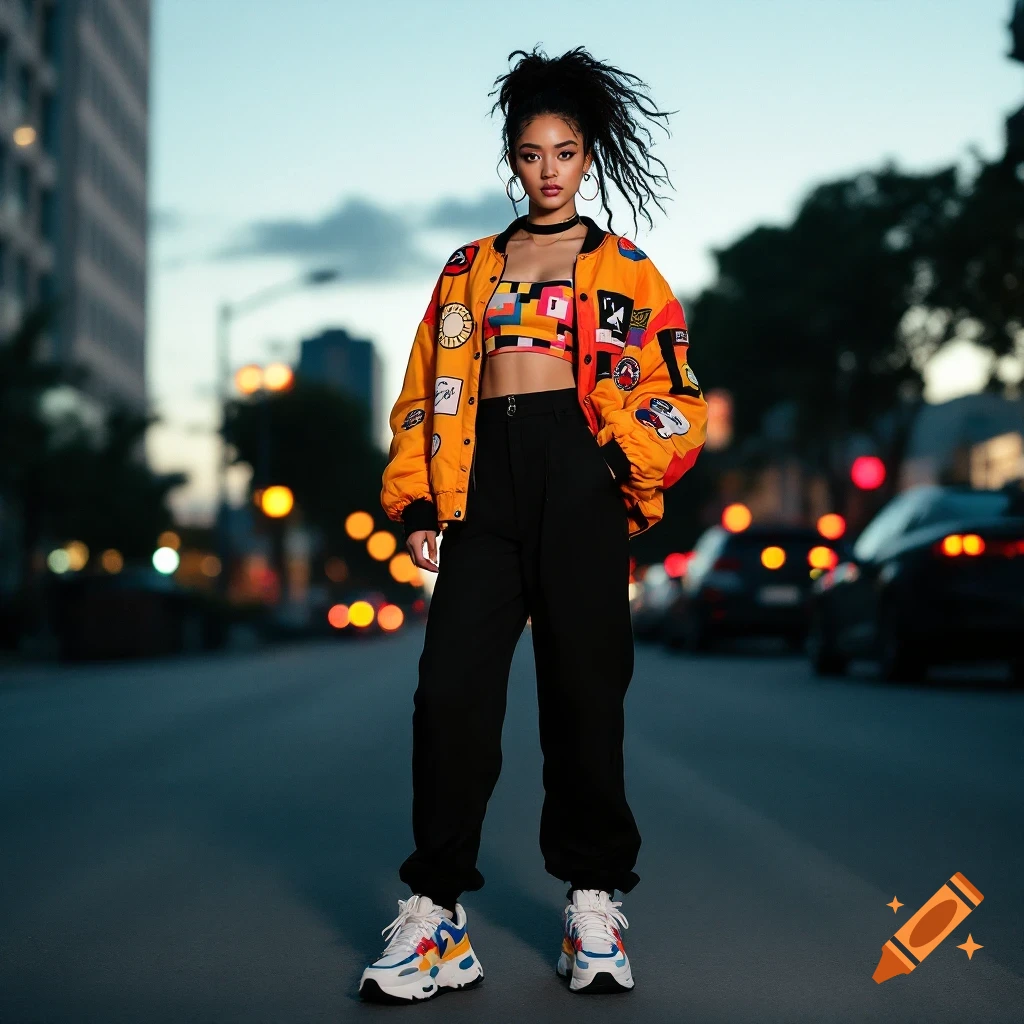 A young woman in a vibrant bomber jacket, crop top, and black trousers stands on an urban street at dusk.