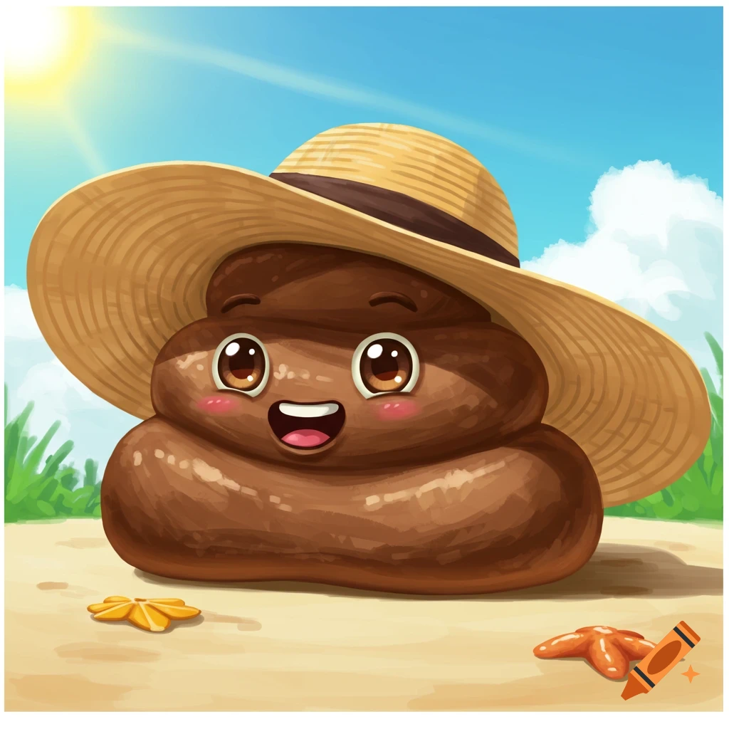Cartoon poop character wearing a straw hat on a beach.