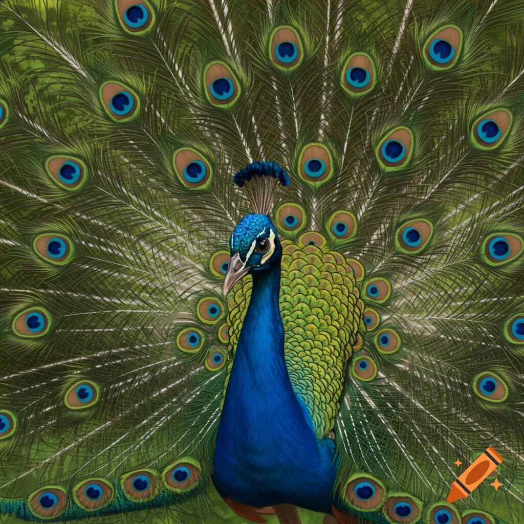 A peacock displaying its fan, with eye patterns on the feathers.
