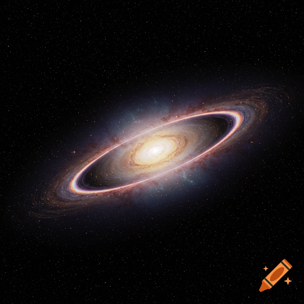 An angled view of a spiral galaxy with a glowing core and a surrounding dusty ring, set against a dark starry background.