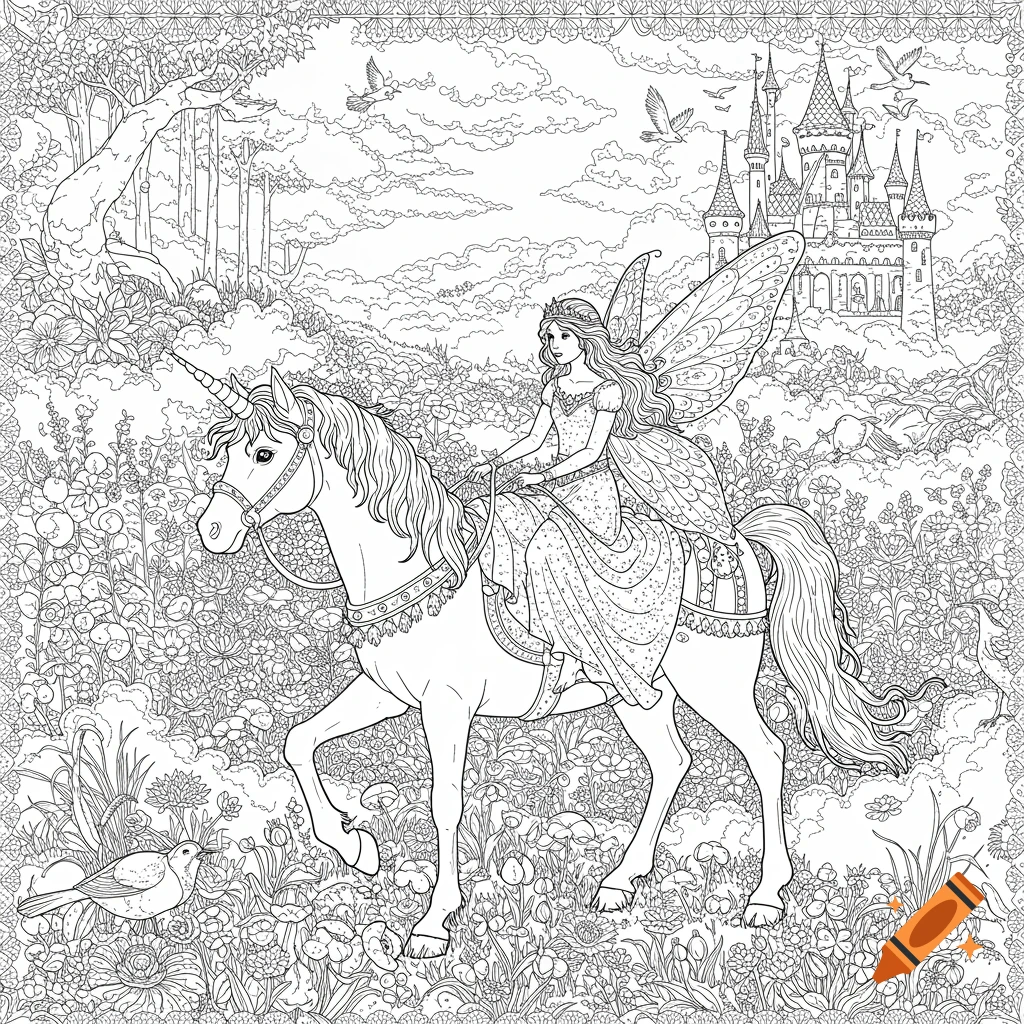 Coloring page of a fairy princess riding a unicorn to a castle in the clouds
