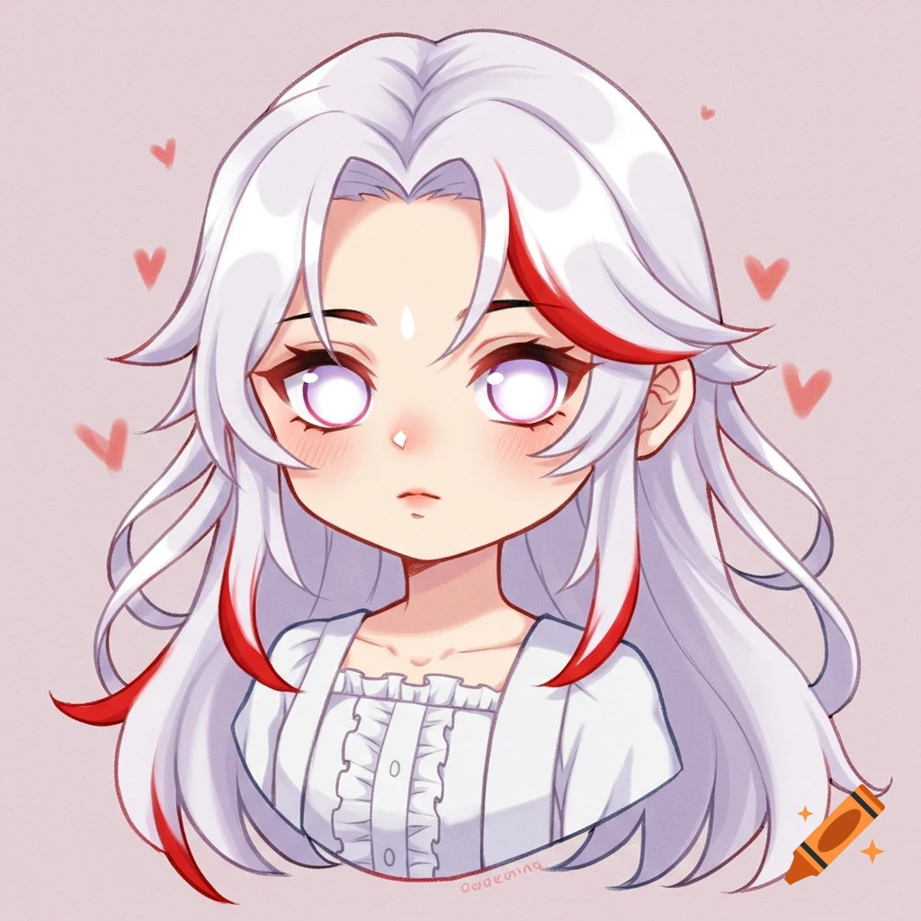 Chibi anime character with white hair, red highlights, and glowing eyes.