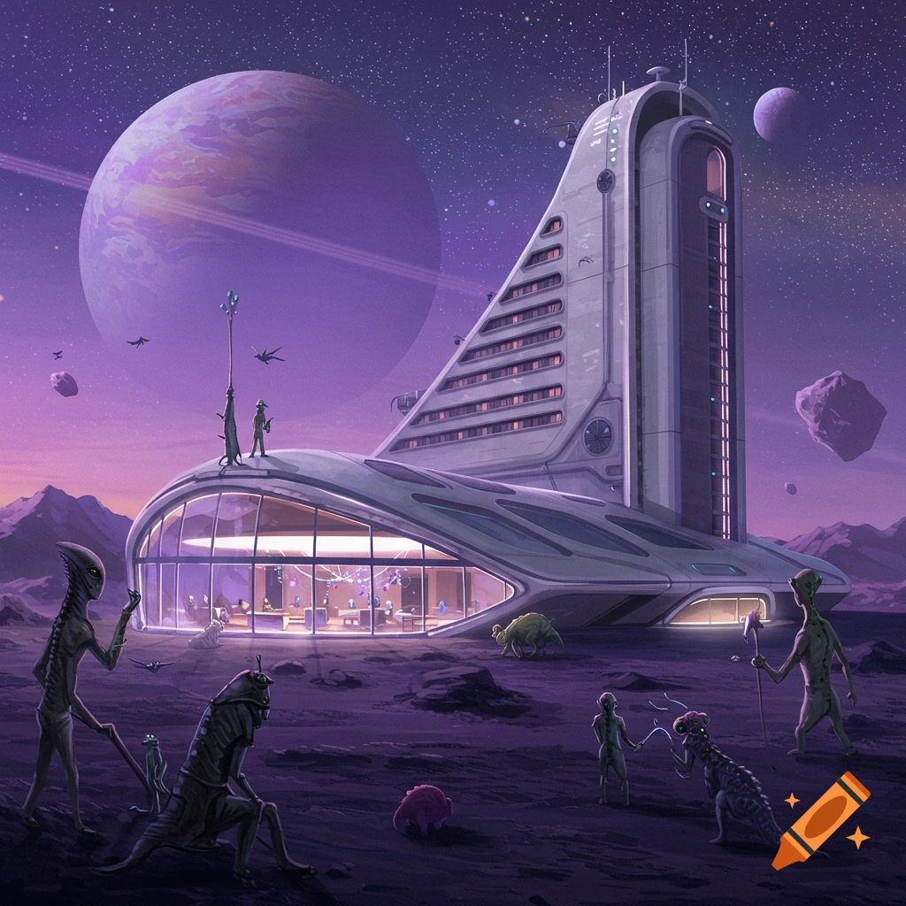 Aliens outside a futuristic building on a purple planet with large planets in the sky.