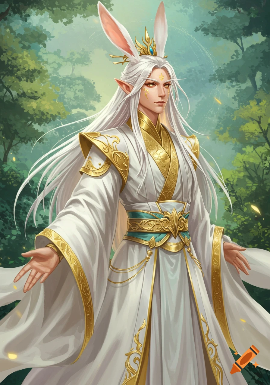 Fantasy character with long white hair, bunny ears, and golden elf features in a forest.