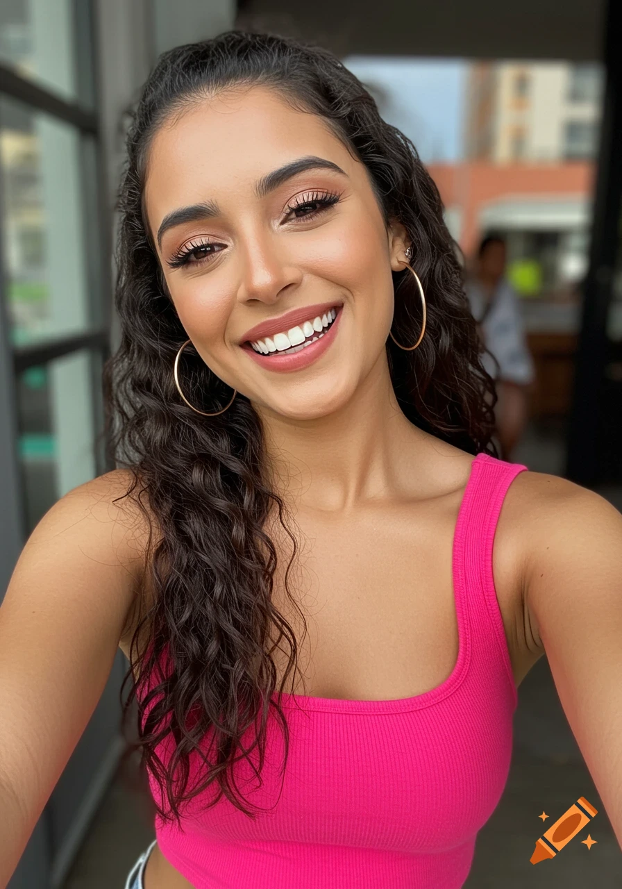 Smiling woman in a bright pink tank top takes a selfie.